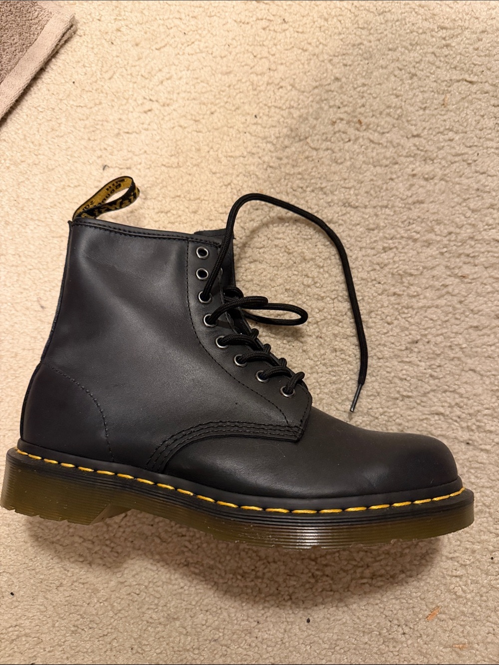 Dr. Martens Black Leather Combat Boot with Yellow Welt Stitching US M 7, US L 7